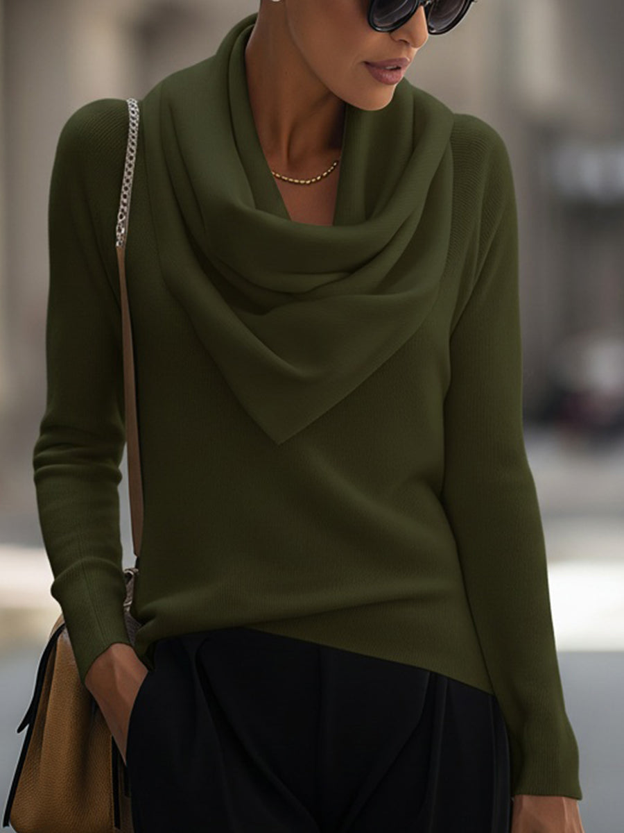 Women's Wide Cowl Neck Knit Sweater Top - Olive Green