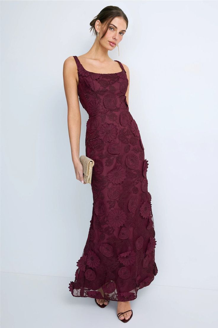 Women's Wine Embroidered Square-Neck Formal Maxi Dress - Wine