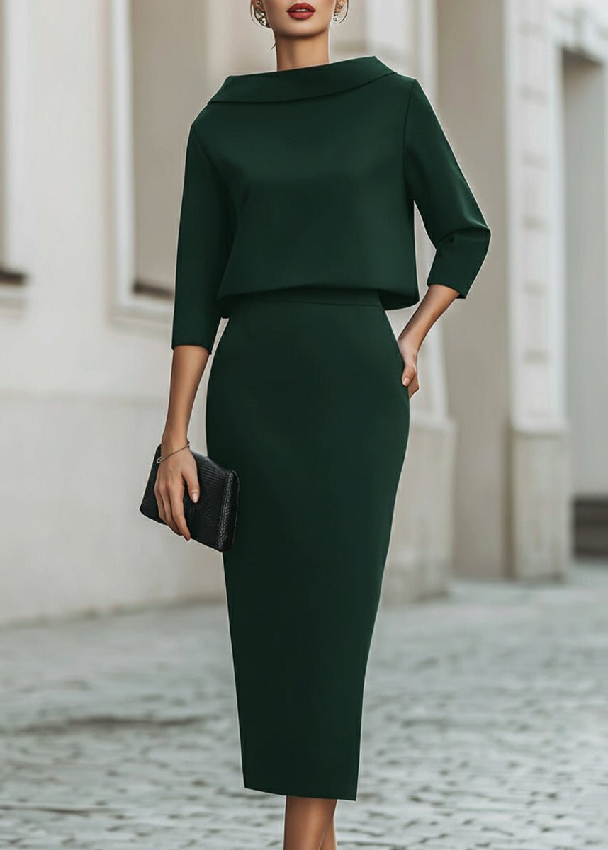 Women's Work Boat Neck Midi Skirt Set - Dark Green