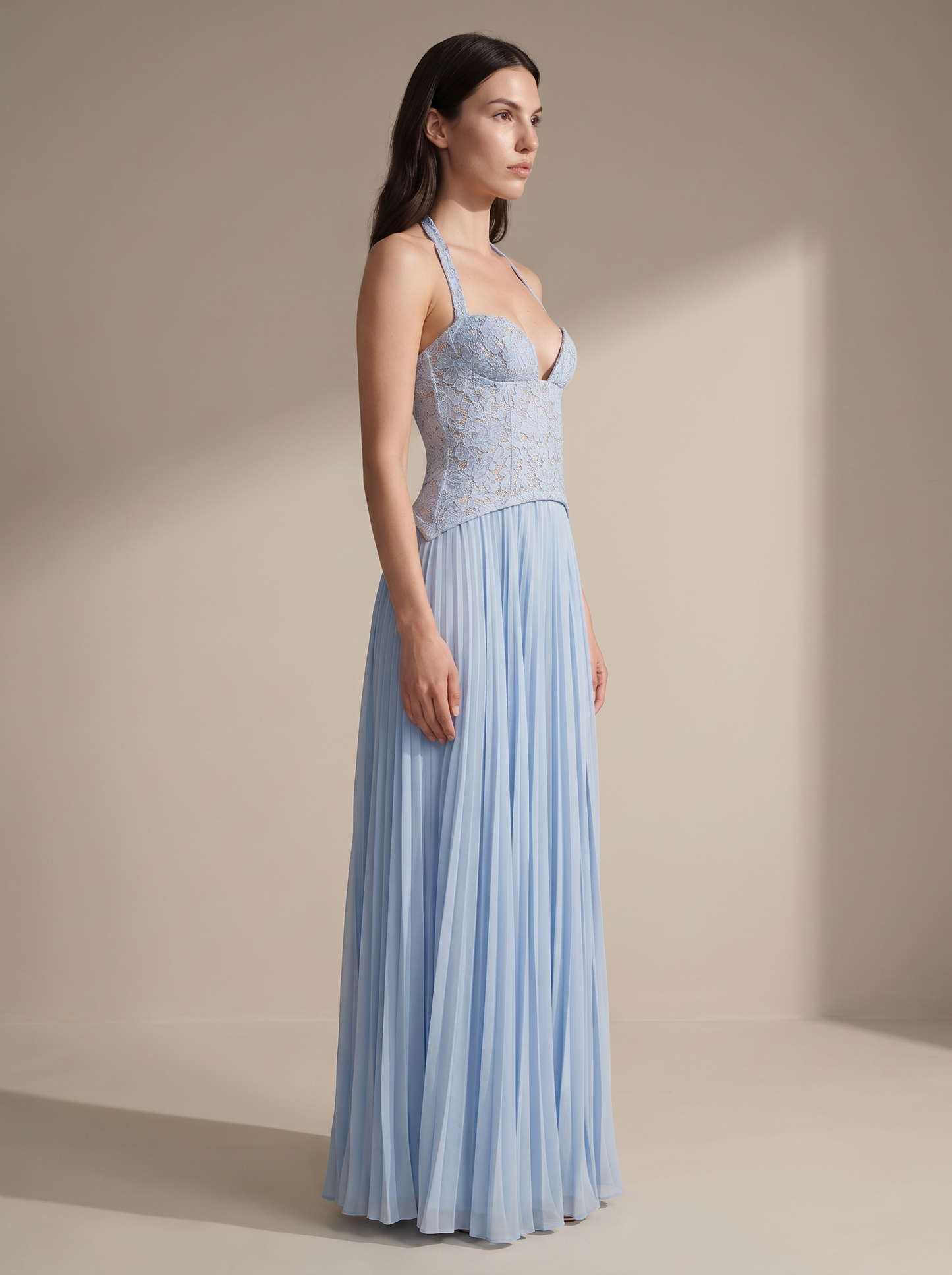 Olive Lace Bustier Pleated Gown - Blue, side