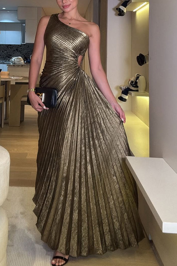 One Shoulder Cutout Casual Maxi Dress - Gold