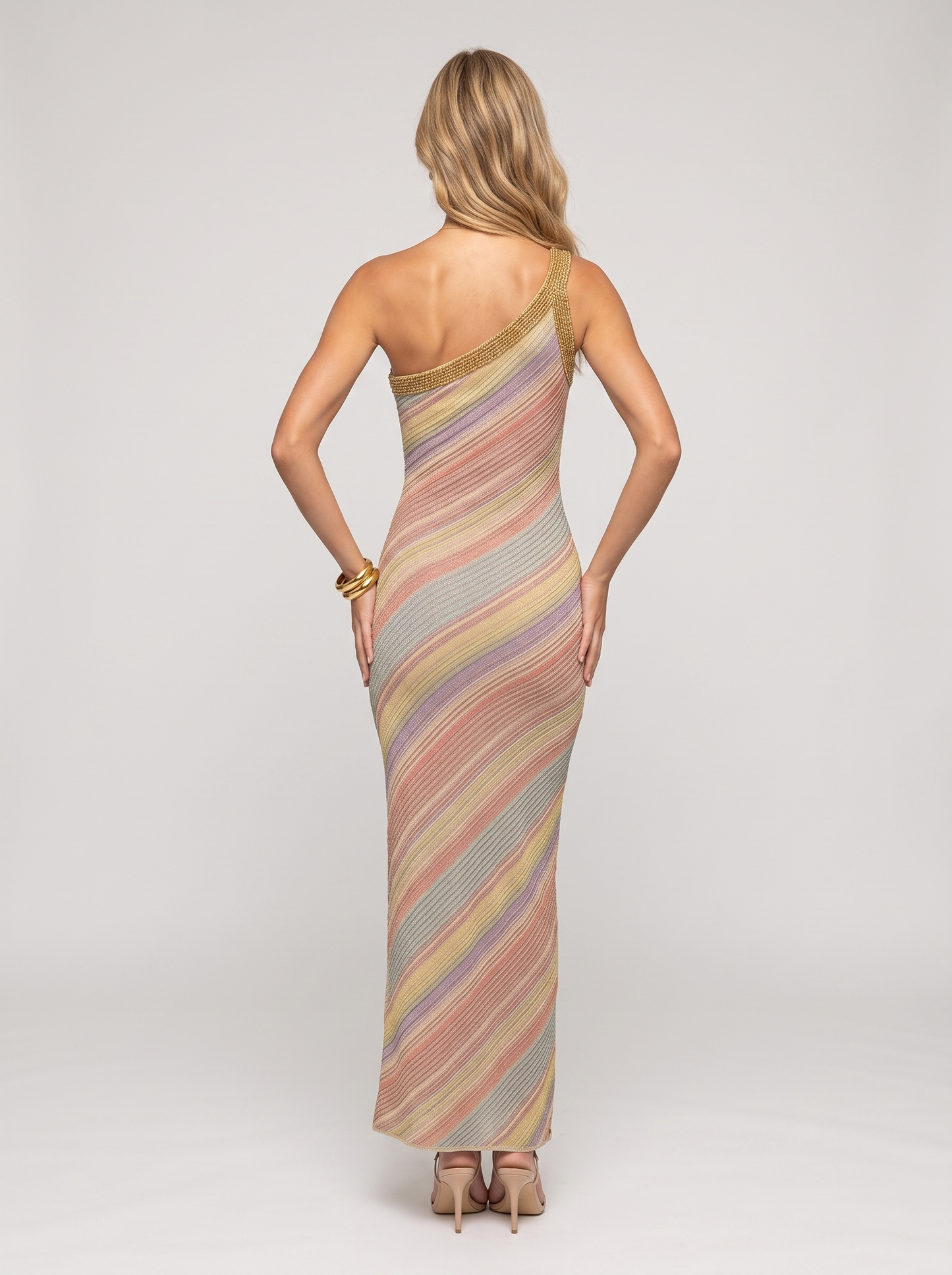 Pastel Stripe One Shoulder Knit Maxi Dress