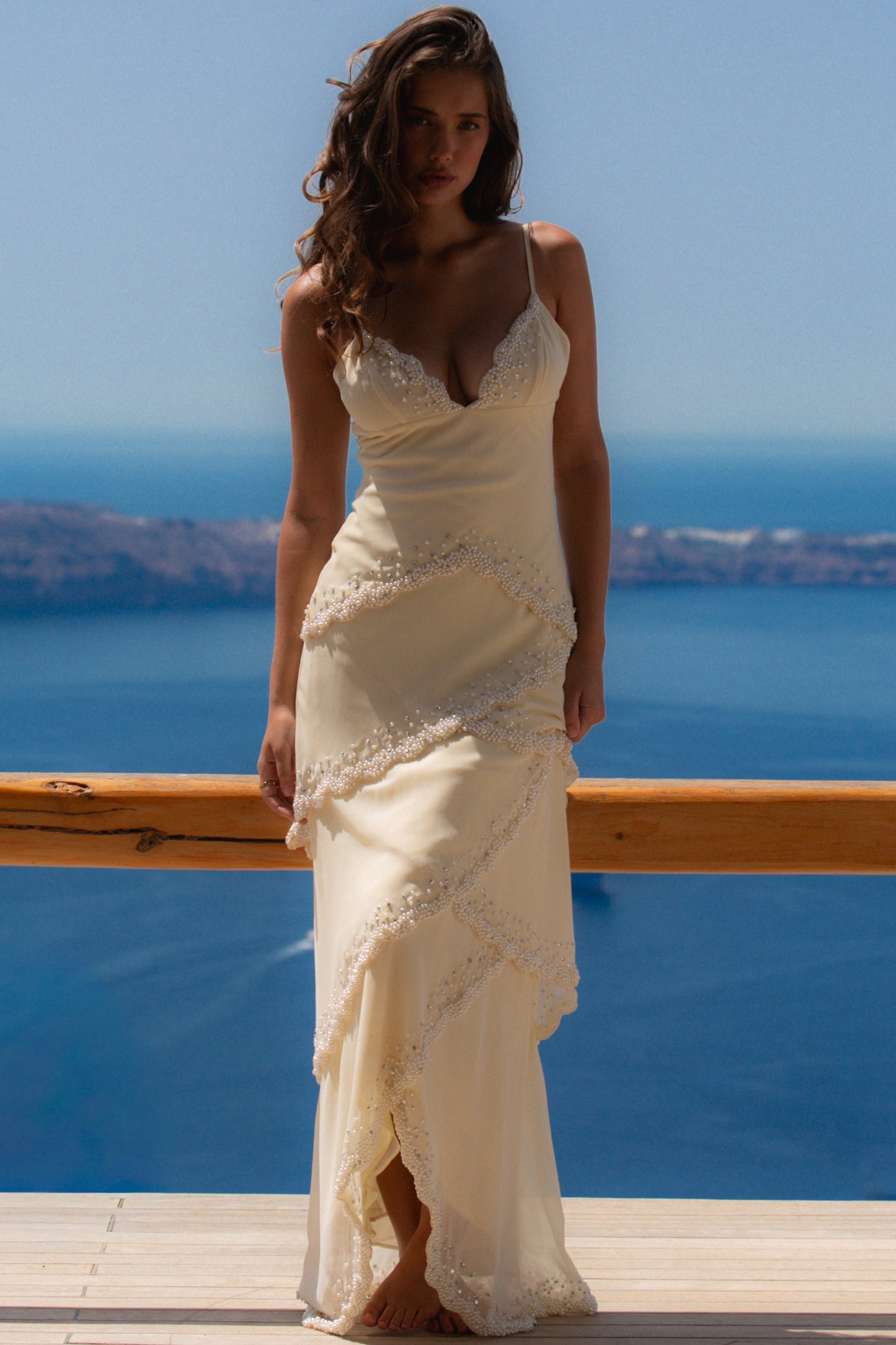 Cream Beaded Bias Slip Maxi Dress