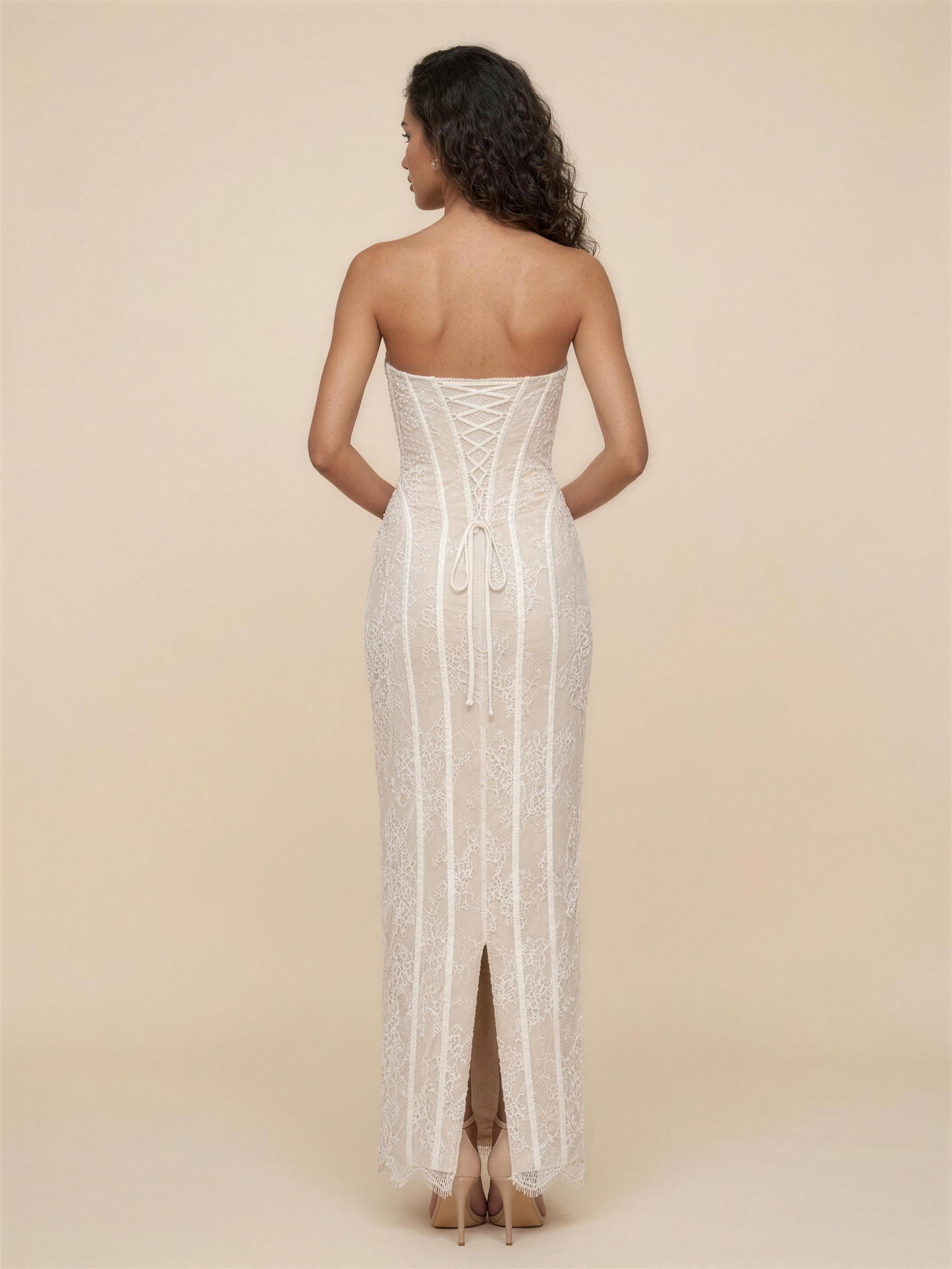 Strapless Lemon Lace Column Maxi Dress - Ivory