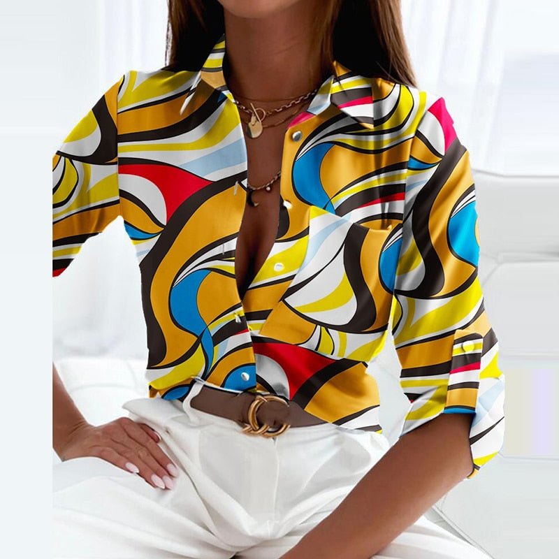 Women's Geometric Print Collared Long Sleeve Blouse