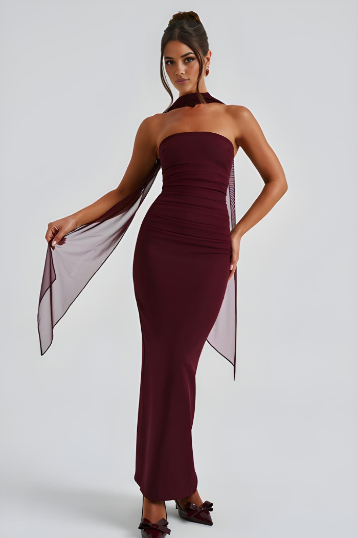 Women's Cocktail Strapless Maxi Bodycon Dress With Scarf
