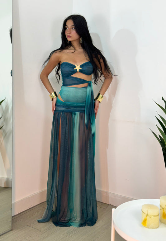 Women's Cocktail Strapless Sheer Maxi Skirt Set