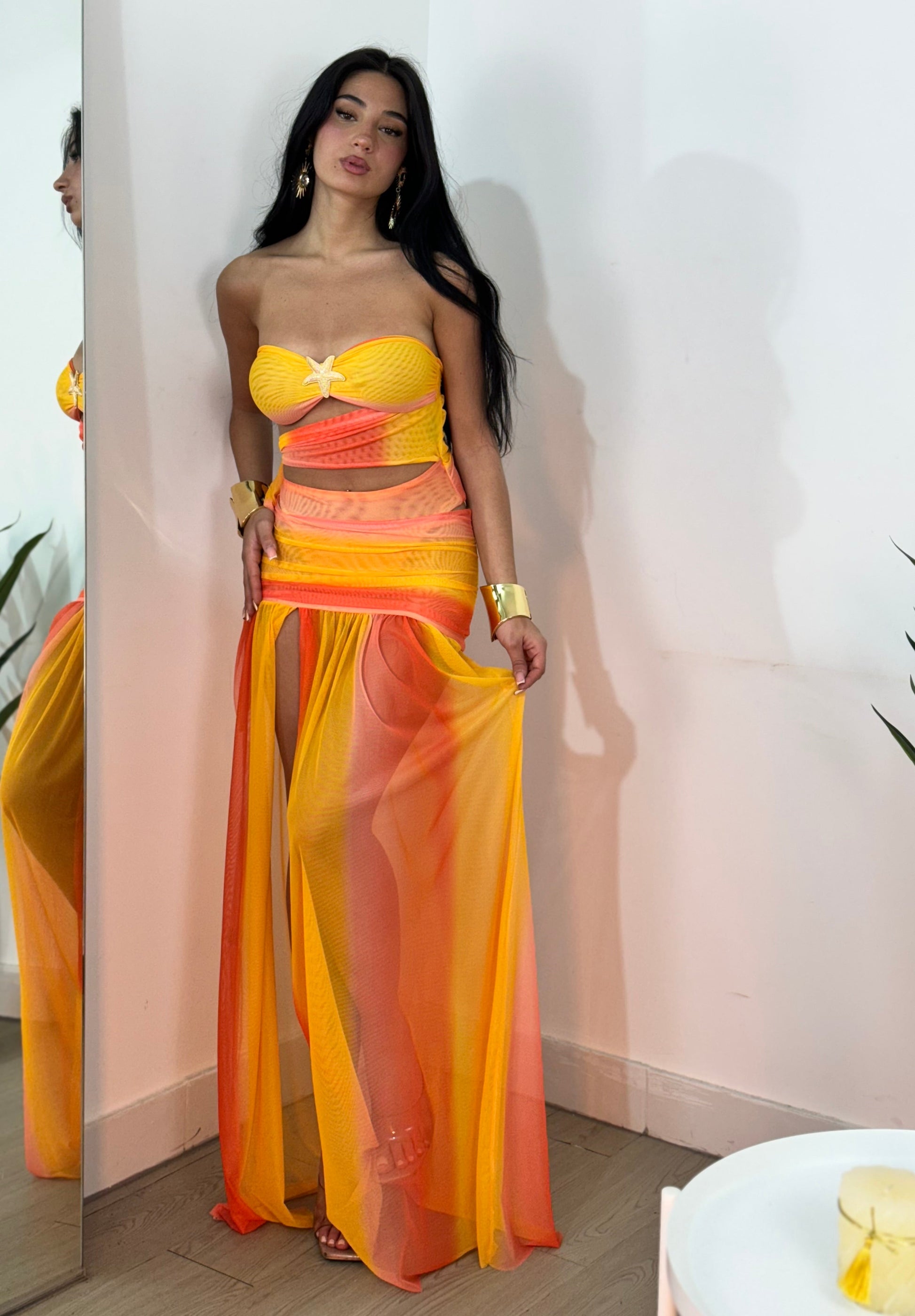 Women's Cocktail Strapless Sheer Maxi Skirt Set
