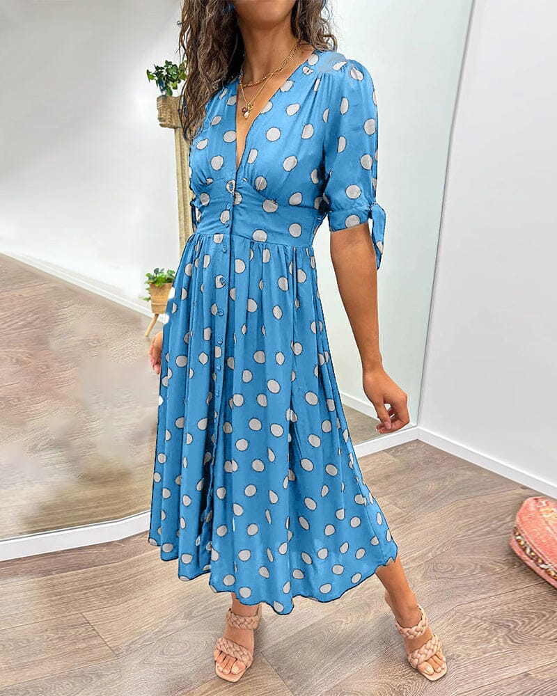 Women's Cocktail Polka Dot V Neck Midi Dress