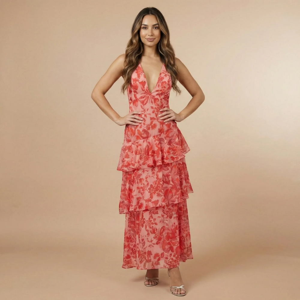 Women's Wedding Guest Floral Plunge Neck Midi Dress - product image 1