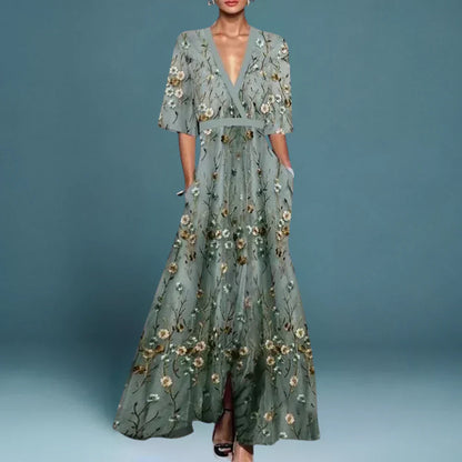 Women's Wedding Guest Floral V Neck Maxi Dress with Pockets