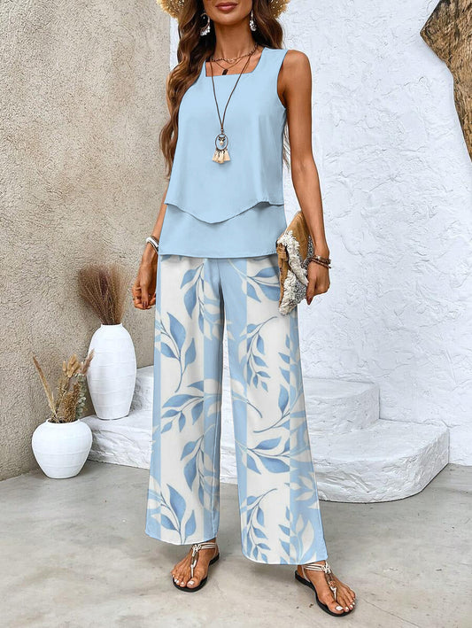 Women's Vacation Sleeveless Blouse and Wide Leg Pants Set