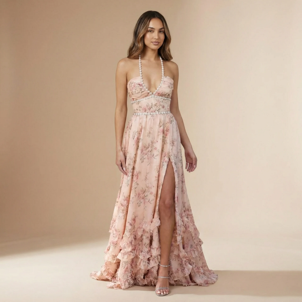 Women's Wedding Guest Floral Halter Maxi Dress With Slit - product image 4