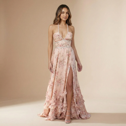 Women's Wedding Guest Floral Halter Maxi Dress With Slit - product image 4