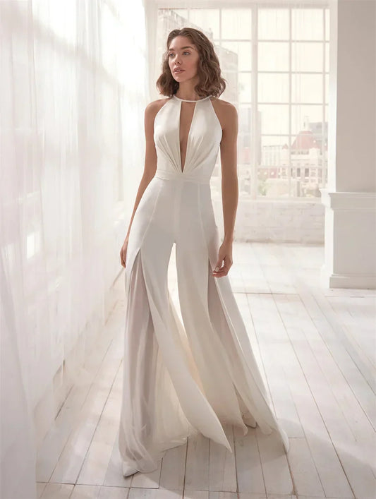 Women's Wedding Guest Halter V Neck Wide Leg Jumpsuit