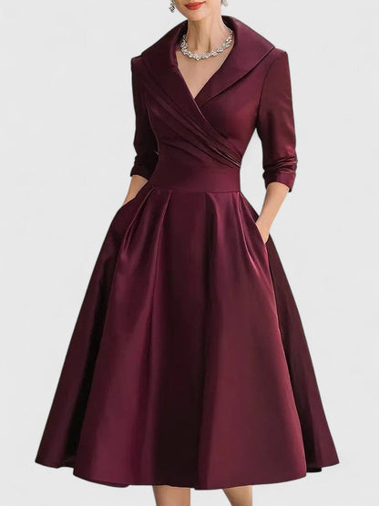 Women's Cocktail V Neck 3/4 Sleeve Midi Dress with Pockets