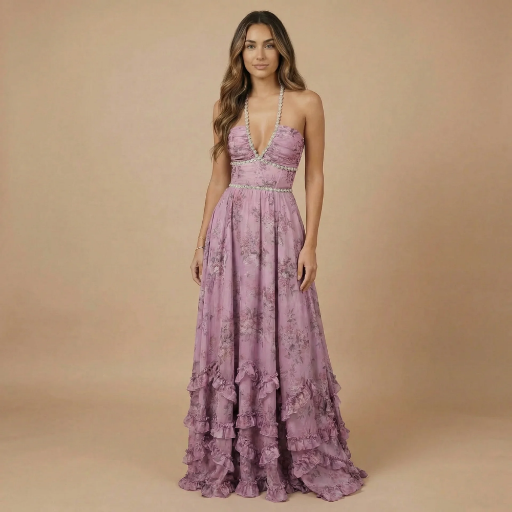 Women's Wedding Guest Floral Halter Maxi Dress With Slit - product image 3