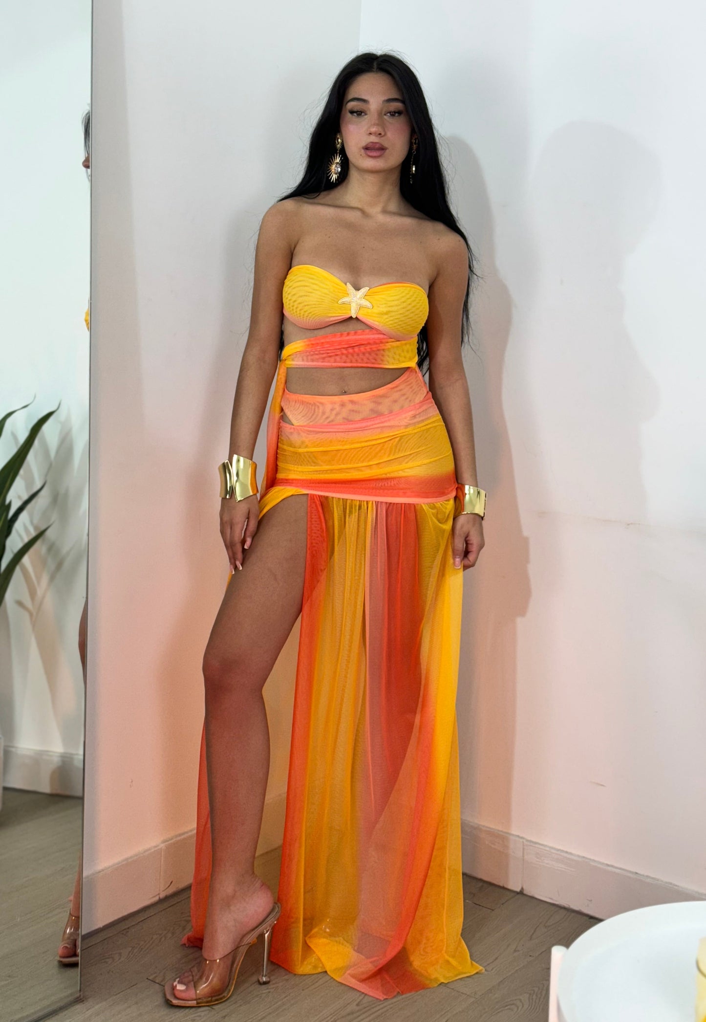 Women's Cocktail Strapless Sheer Maxi Skirt Set
