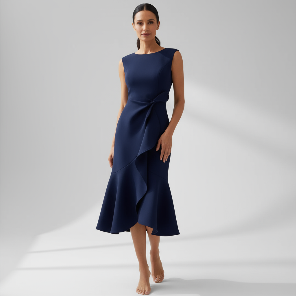 Women's Wedding Guest Draped Asymmetric Midi Dress