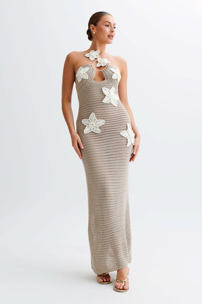 Women's Vacation Crochet Halter Maxi Dress with Floral Applique - product image 1