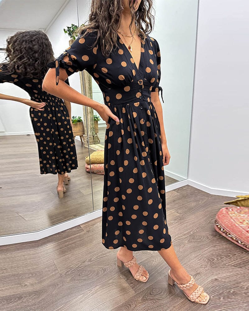 Women's Cocktail Polka Dot V Neck Midi Dress