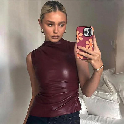 Women's Mock Neck Sleeveless Ruched Faux Leather Top - product image 1