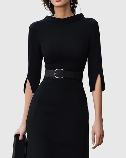 Women's Cocktail High Neck Belted Midi Dress