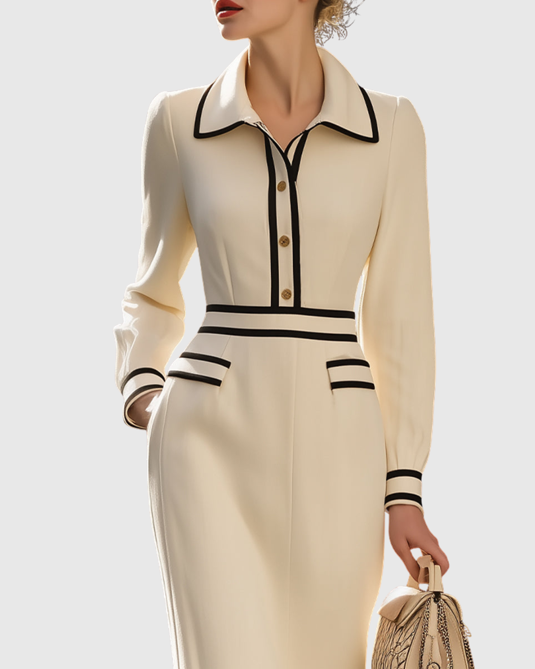 Women's Cocktail Long Sleeve Collared Midi Dress