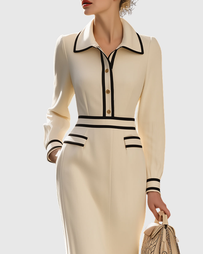 Women's Cocktail Long Sleeve Collared Midi Dress