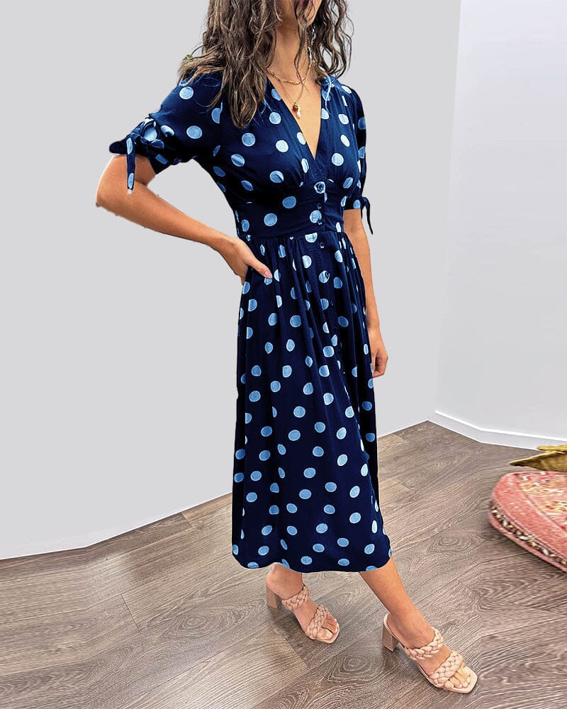 Women's Cocktail Polka Dot V Neck Midi Dress