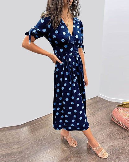 Women's Cocktail Polka Dot V Neck Midi Dress