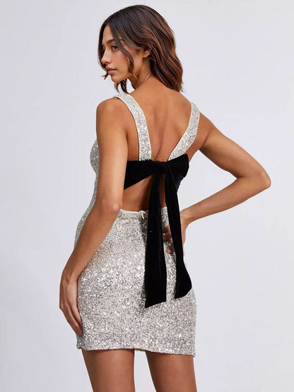 Women's Cocktail Sequin Open Back Bow Mini Dress - product image 3