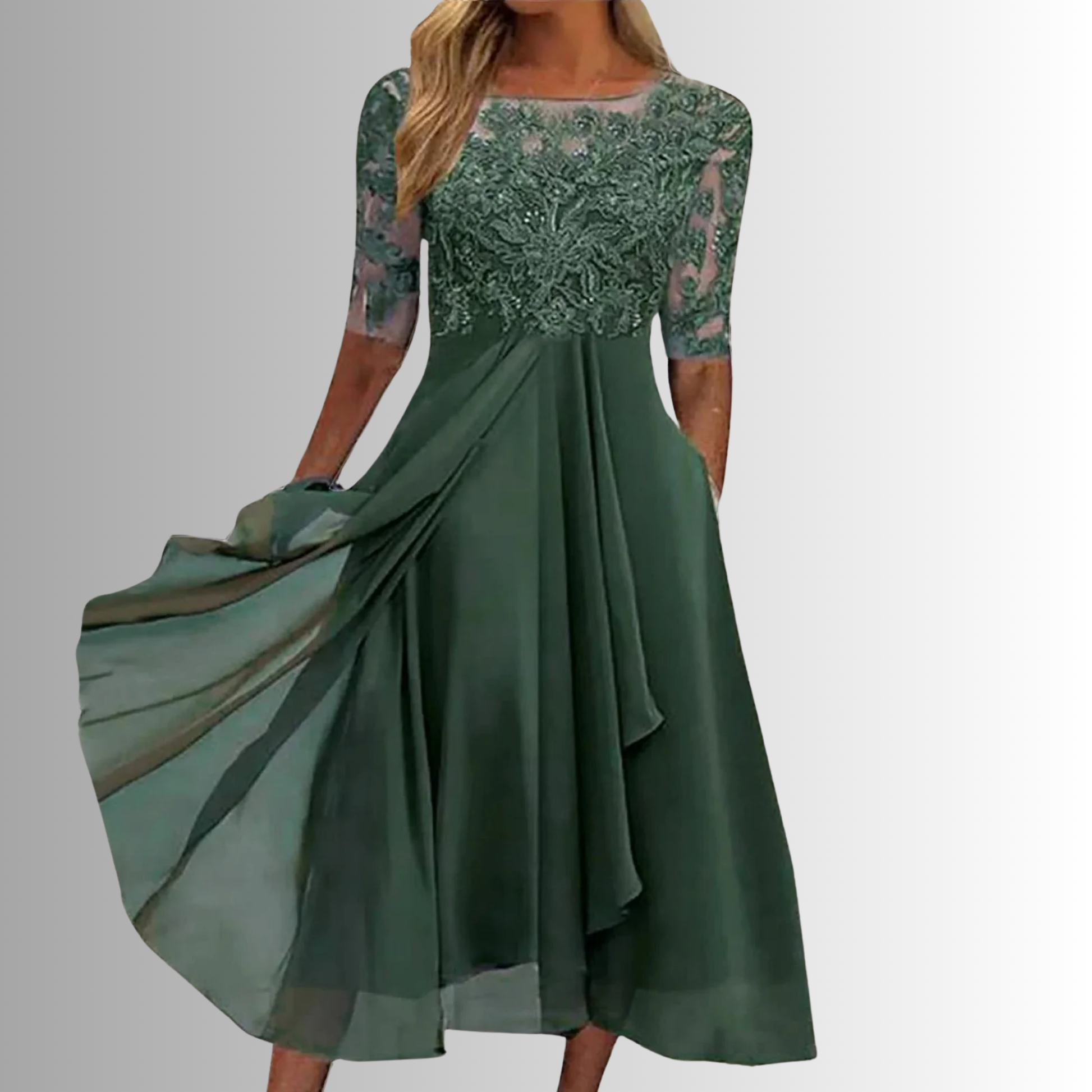 Women's Wedding Guest Lace 3/4 Sleeve Midi Dress