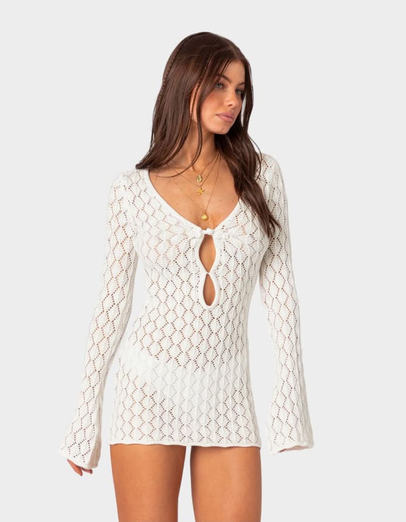 Women's Summer Crochet V Neck Mini Dress With Bell Sleeves - product image 7