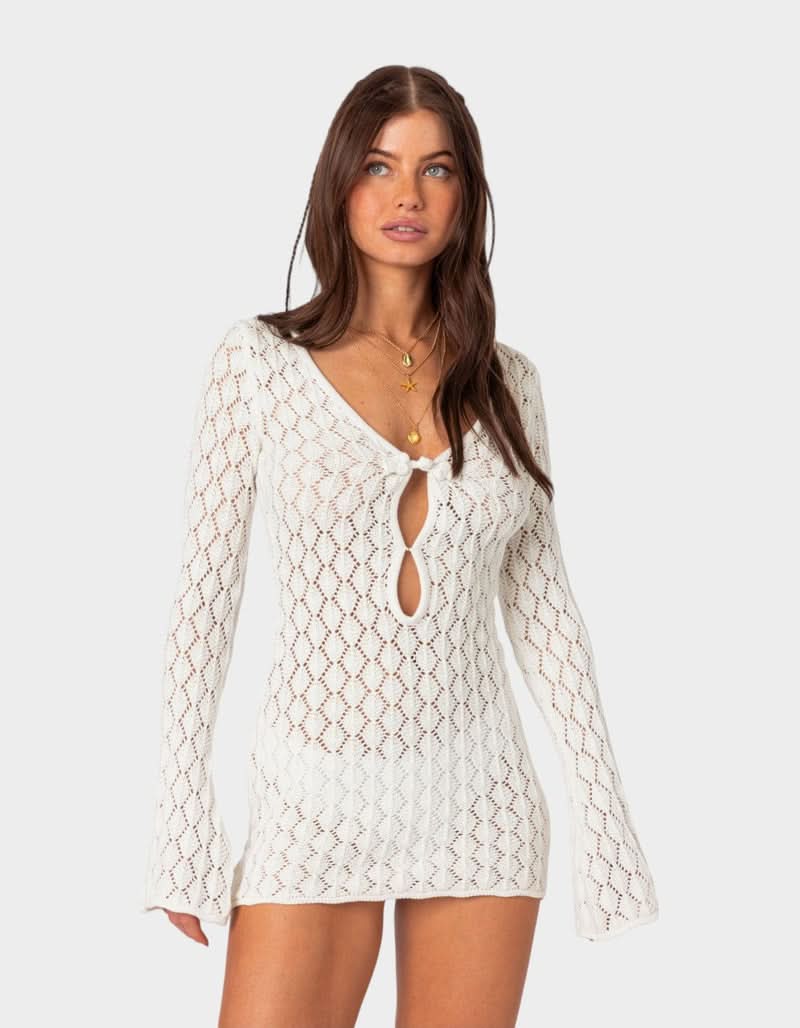 Women's Summer Crochet V Neck Mini Dress With Bell Sleeves - product image 2