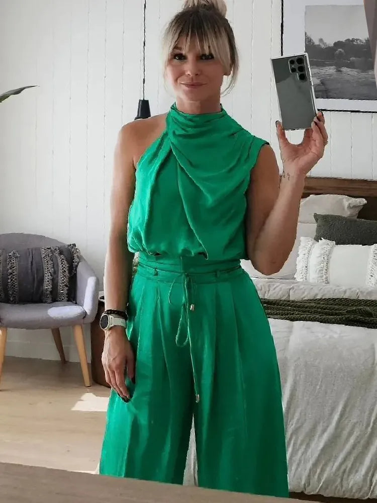 Women's Cocktail Sleeveless Halter Wide Leg Pants Set