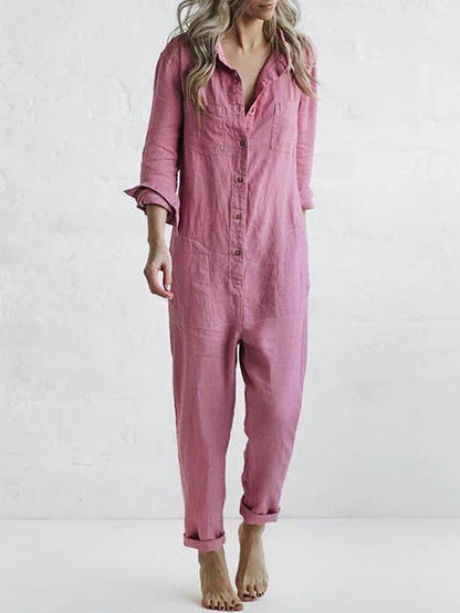 Women's Casual Long Sleeve Button Front Jumpsuit