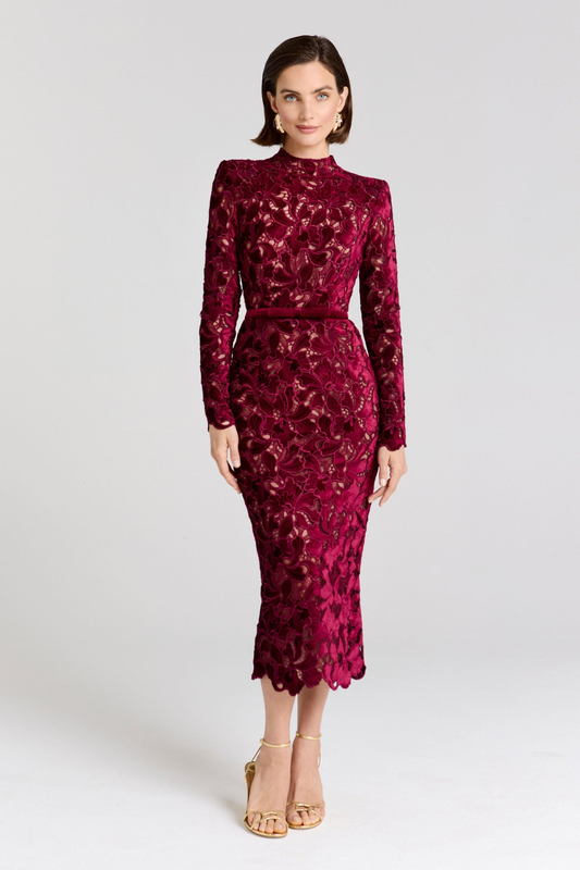 Women's Wedding Guest Lace Long Sleeve Midi Dress