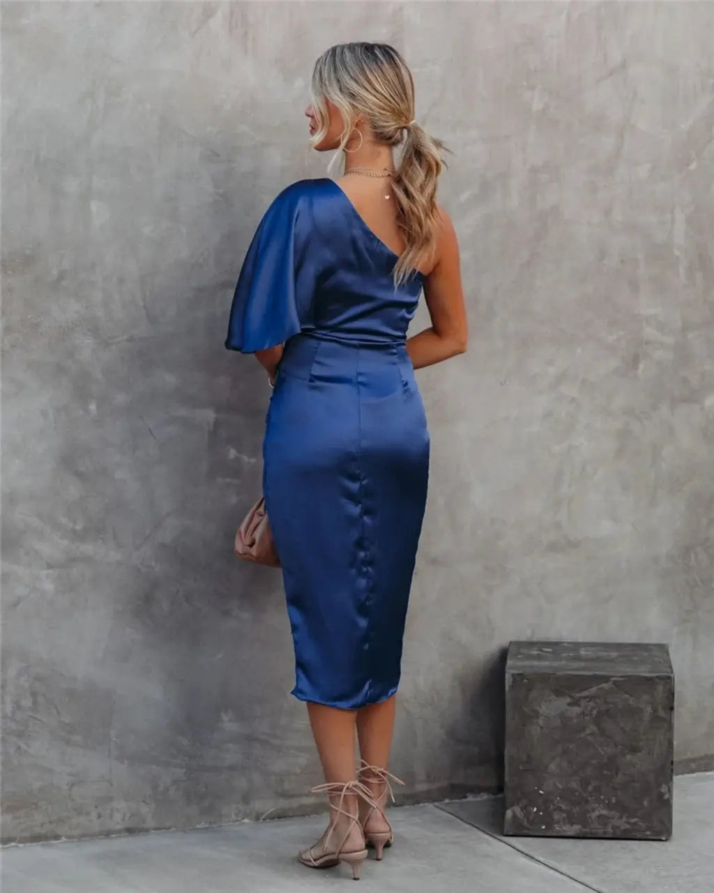 Women's Cocktail One Shoulder Draped Midi Dress With Slit