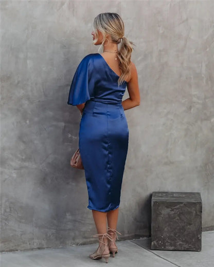 Women's Cocktail One Shoulder Draped Midi Dress With Slit
