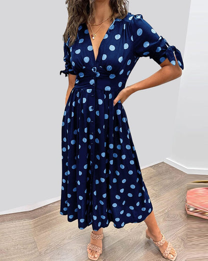 Women's Cocktail Polka Dot V Neck Midi Dress