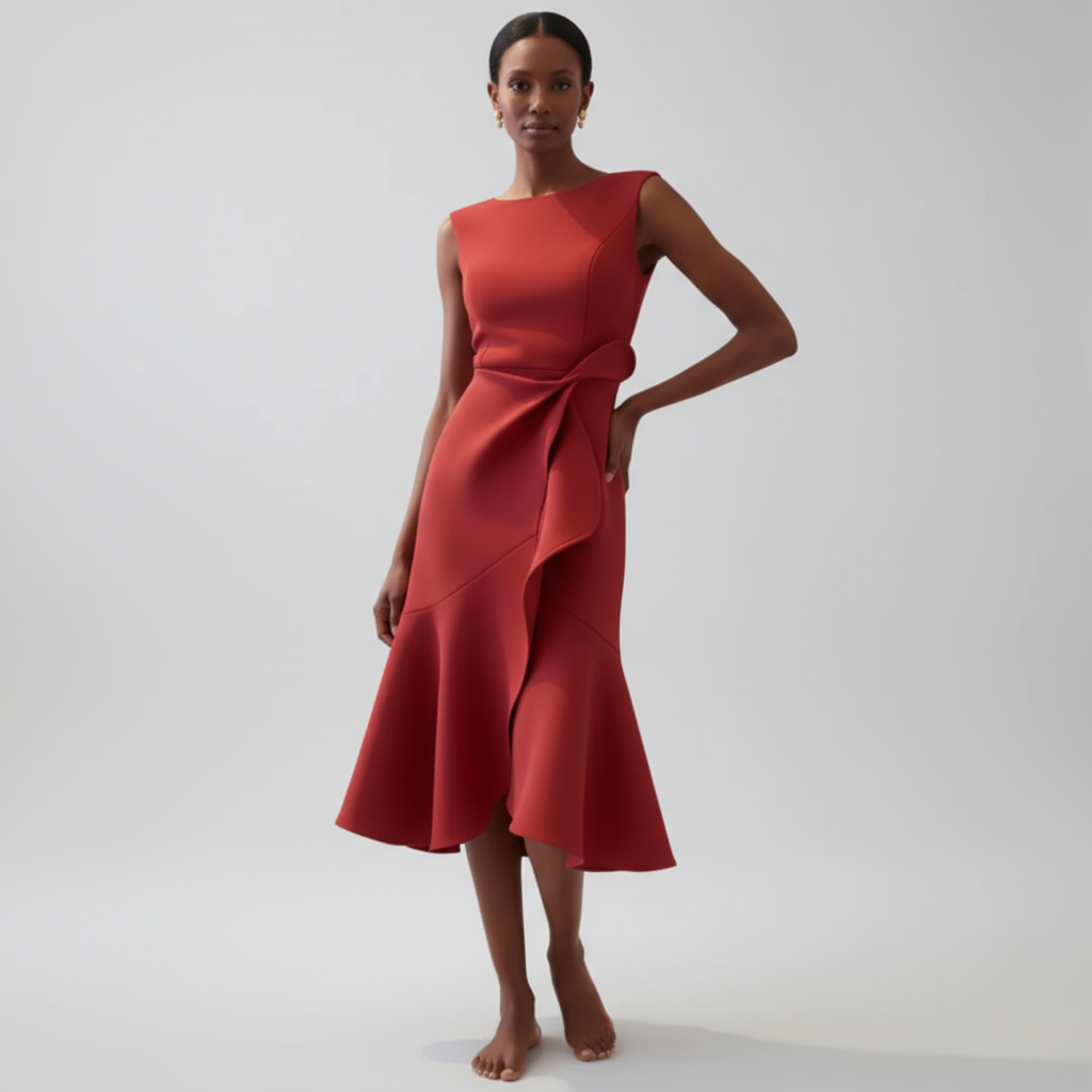Women's Wedding Guest Draped Asymmetric Midi Dress