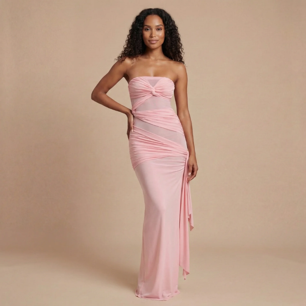 Women's Formal Strapless Ruched Maxi Dress with Mesh - product image 1