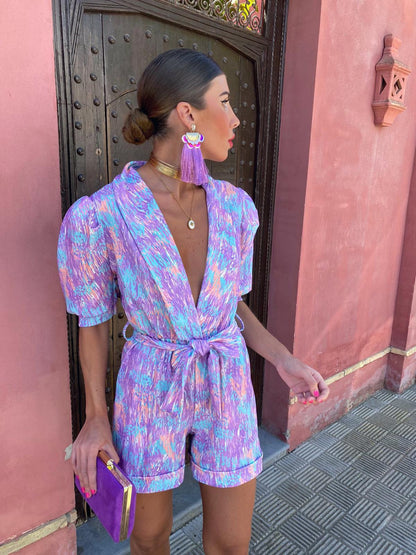 Women's Summer Printed V Neck Puff Sleeve Romper