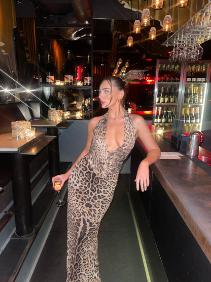 Women's Cocktail Leopard Halter Maxi Dress With Open Back