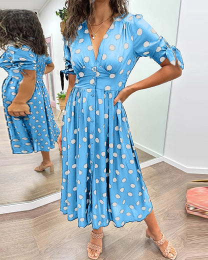 Women's Cocktail Polka Dot V Neck Midi Dress