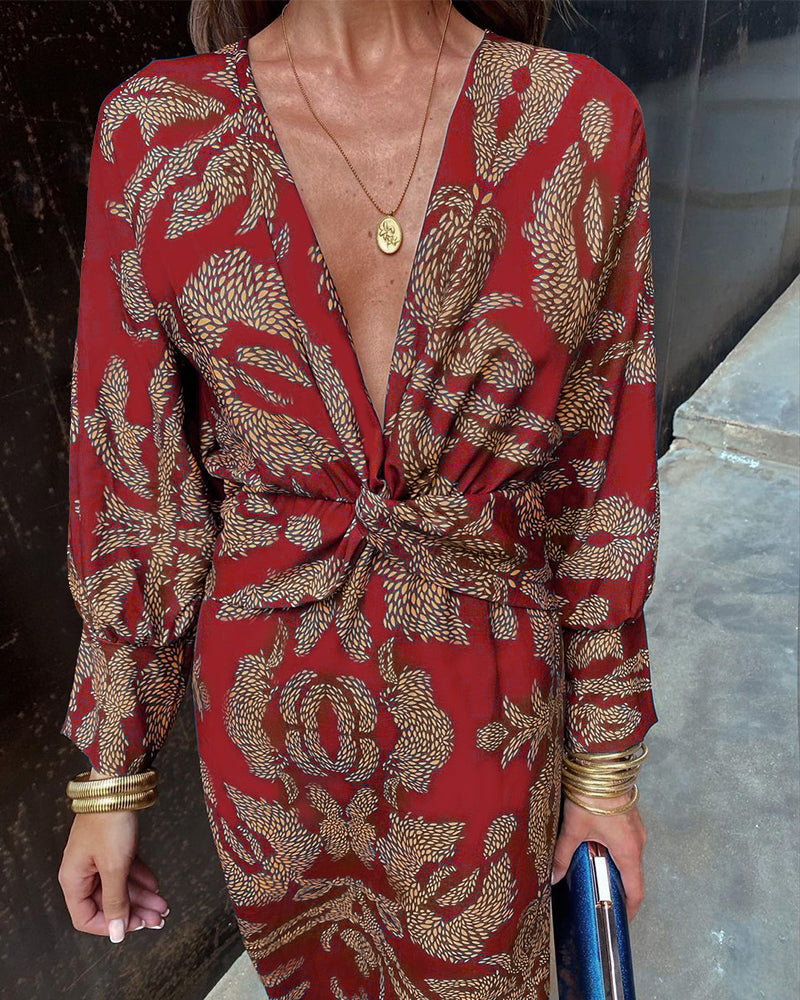 Women's Wedding Guest Floral V Neck Midi Wrap Dress