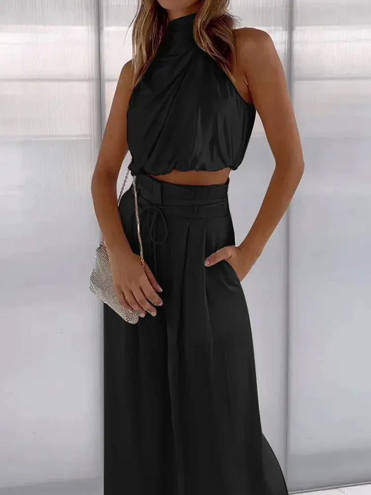 Women's Cocktail Sleeveless Halter Wide Leg Pants Set