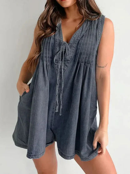 Women's Summer V Neck Sleeveless Denim Romper With Pockets - product image 2