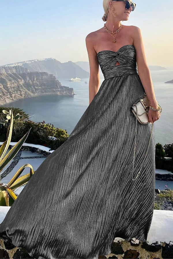 Women's Formal Strapless Pleated Metallic Maxi Dress